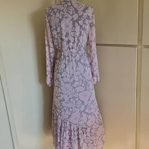 Lovestitch pale pink/ lt grey chiffon long sleeve maxidress, nwot, L - Picture 9 of 10
